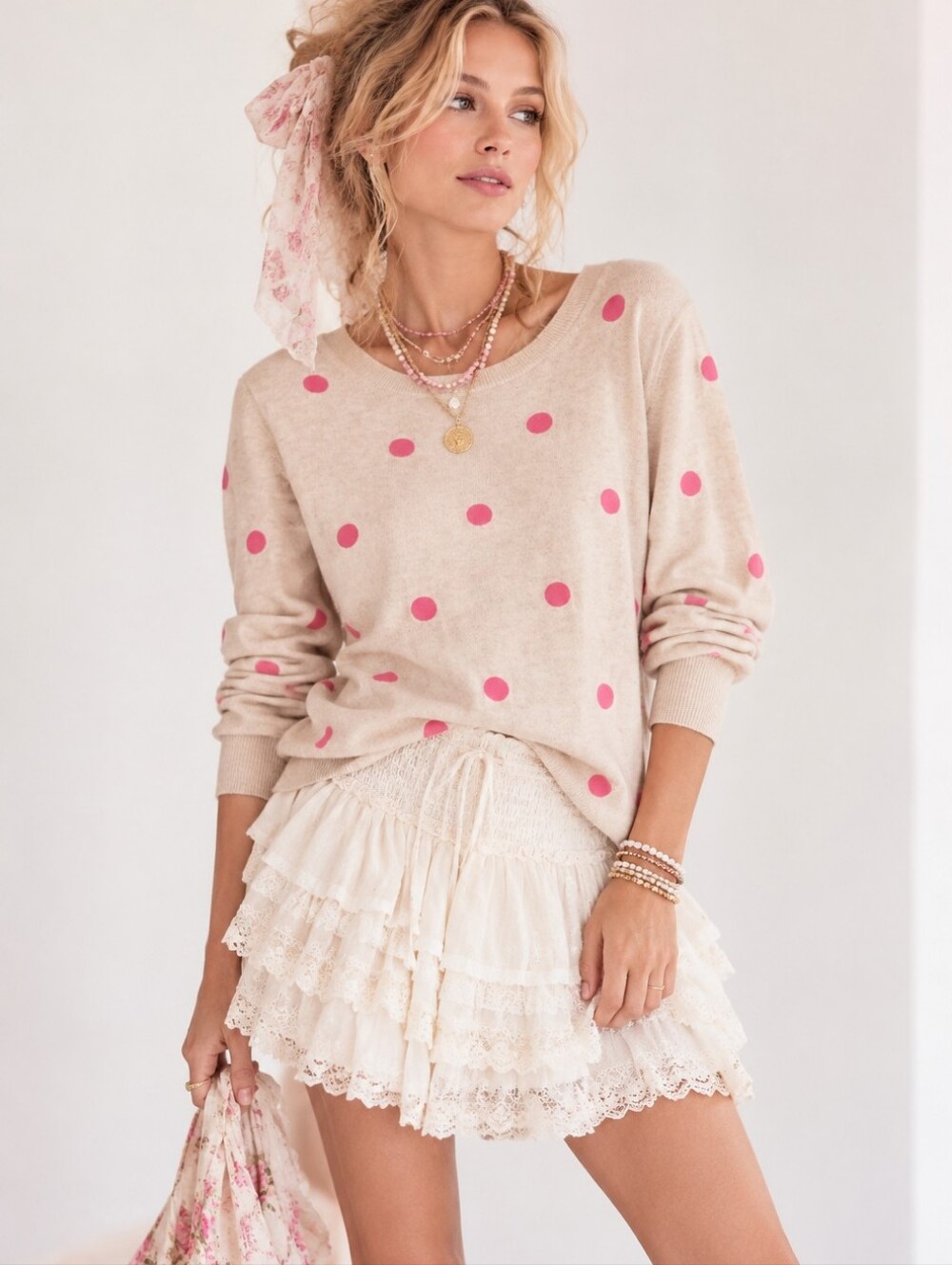 J. Crew Pink Dot Embroidered Tan Cotton Sweater